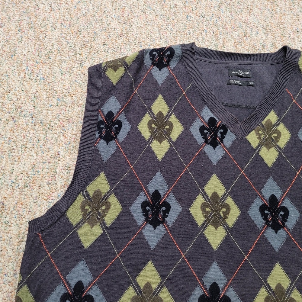 Marc Ecko Sweater Vest Mens 3XL Argyle Preppy Academia Pullover Cotton Cut & Sew - Picture 4 of 13